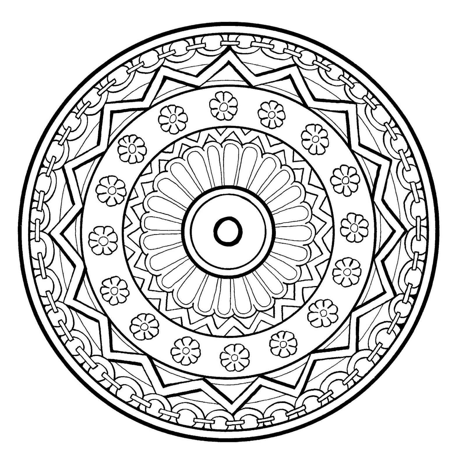 Mandala drawing of normal difficulty level, with flowers and abstract patterns. Very well drawn